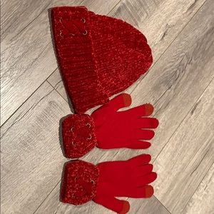 Soft Knitted Holiday Red Beanie & Matching Gloves